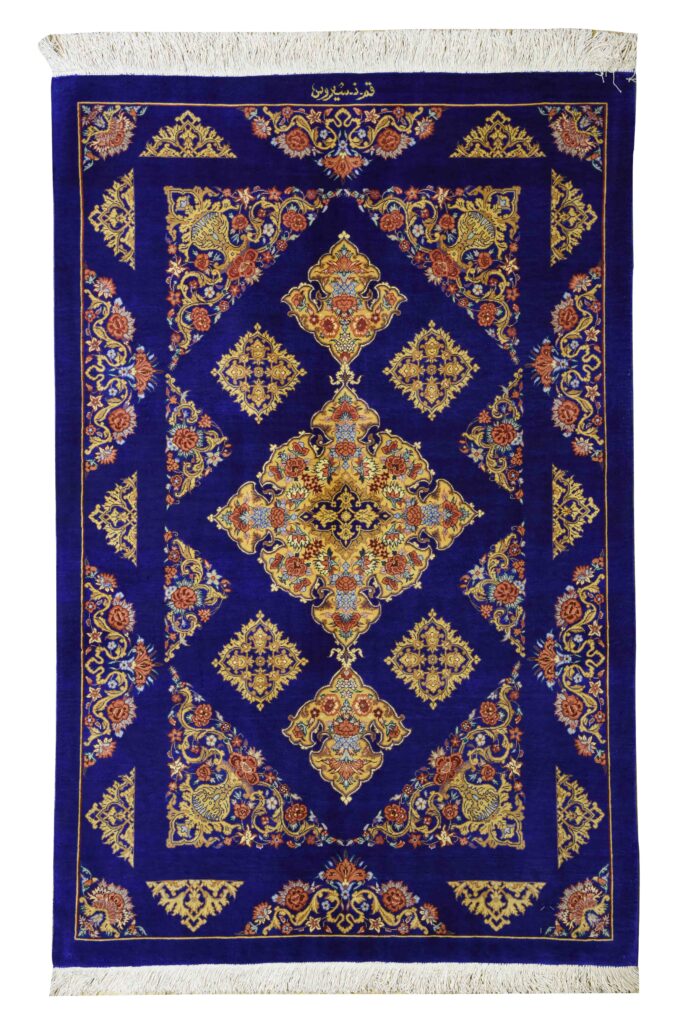 rand New Blue Medallion Area Rug, Handmade silk rug in Qom