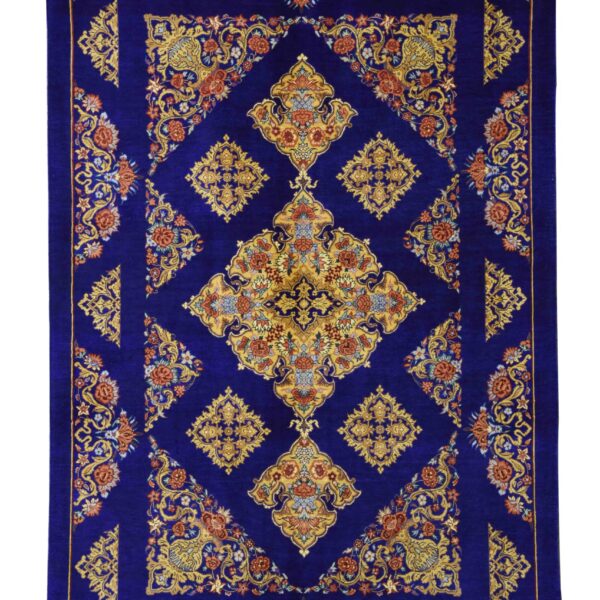 rand New Blue Medallion Area Rug, Handmade silk rug in Qom