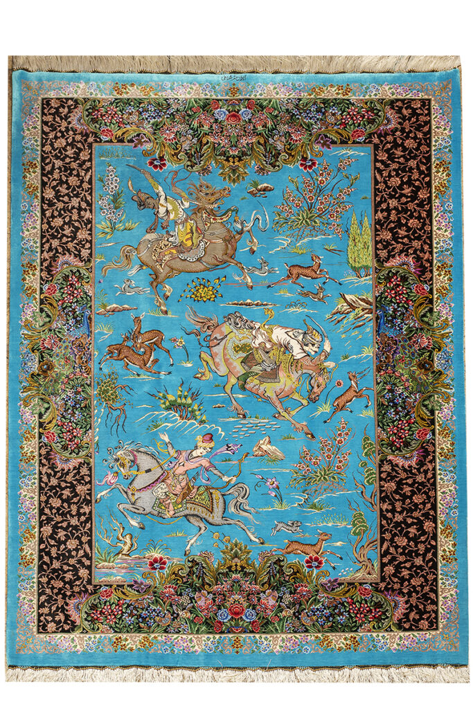the brand new handmade Qom Hunting Animals silk Rug. handwoven rug